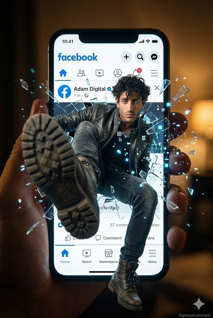 3D Social Media Breakthrough AI Prompt – Cinematic Digital Transformation Scene