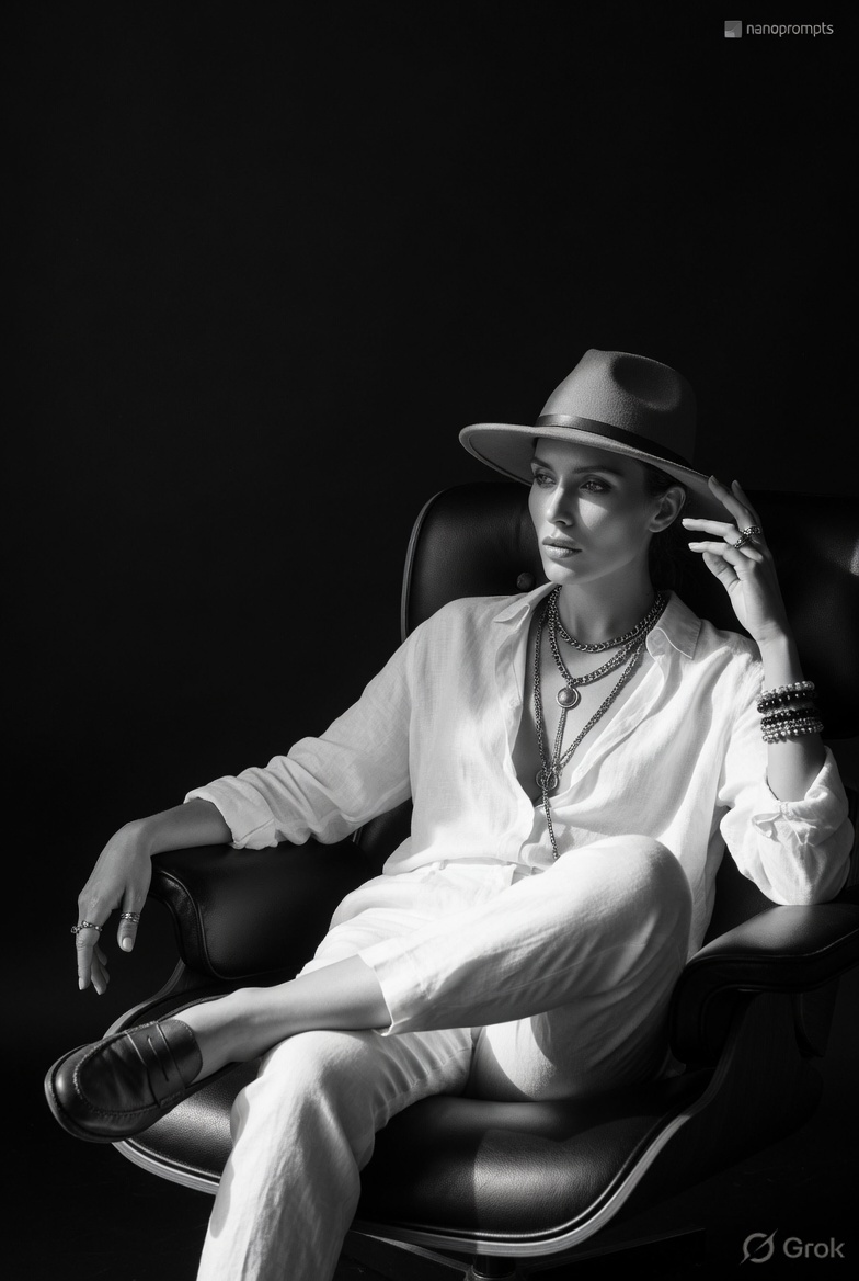 prompt seen Black-and-White Chiaroscuro Fedora ai photo