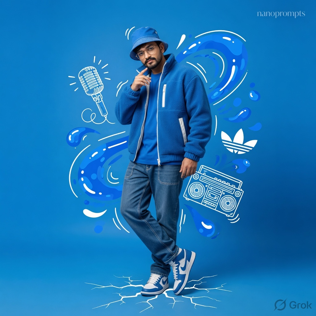 prompt seen Blue Streetwear Adidas Full-Body Studio Portrait (Complete JSON 1) ai photo