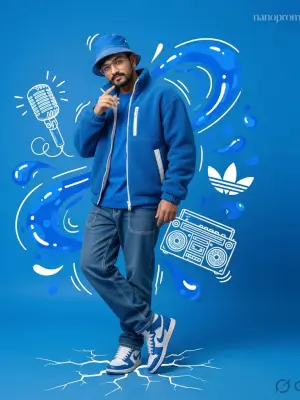 prompt seen Blue Streetwear Adidas Full-Body Studio Portrait (Complete JSON 1) ai photo