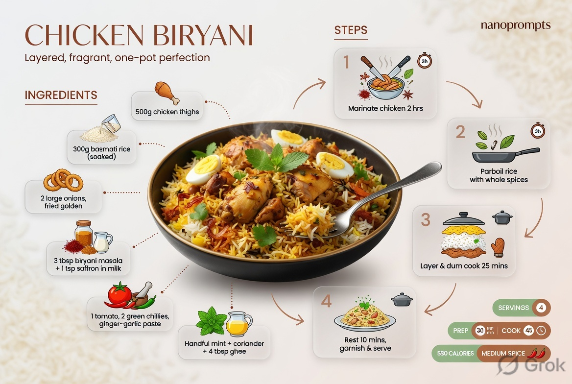 prompt seen Briyani Recipe Infographic ai photo