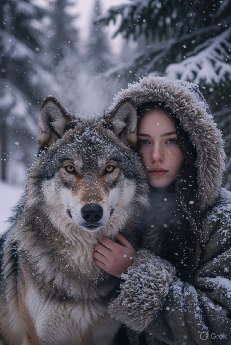 prompt seen Cinematic Winter Wolf Bond ai photo