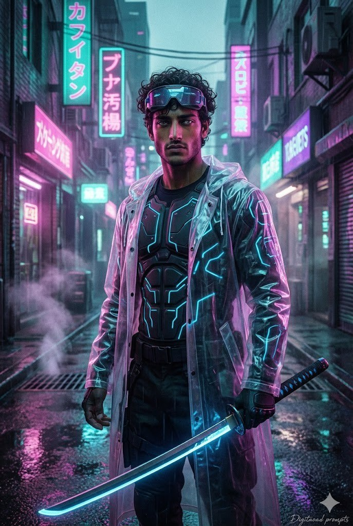 Cyberpunk Neon Warrior AI Prompt – Futuristic Cinematic Portrait