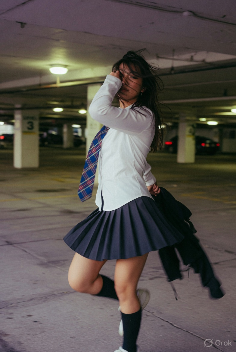 prompt seen Dim Parking Garage Candid Portrait ai photo