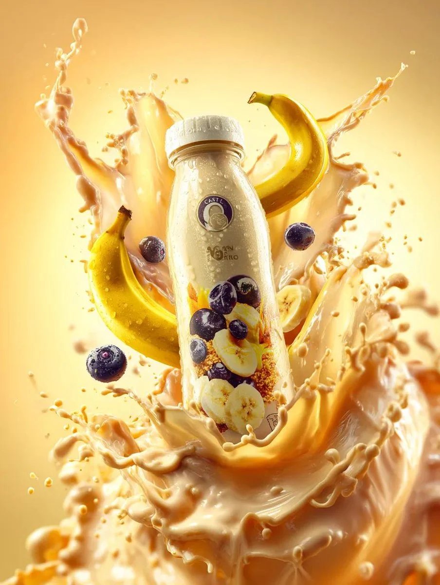 prompt seen Premium AI Prompt: Premium Banana Milk Drink Bottle Surrounded ai photo 2