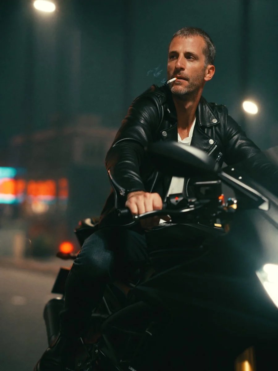 prompt seen Premium AI Prompt: Adult Man Smoking A Cigarette While Sitting On A Motorbike ai photo 2