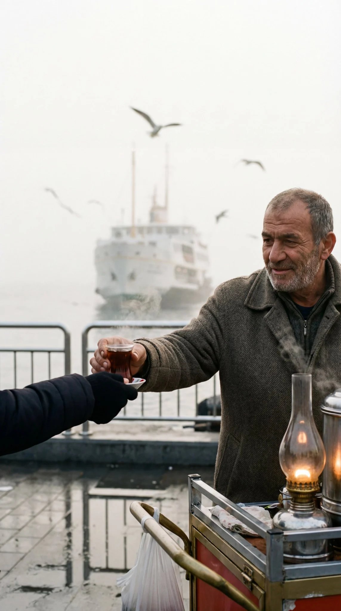 prompt seen Premium AI Prompt: Tea Vendor Handing A Steaming Tea To A Customer, Candid Moment. gemini ai photo