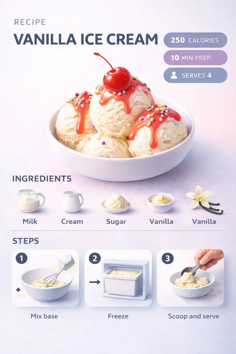 prompt seen Premium AI Prompt: Ultra-clean Modern Recipe Infographic. Showcase Vanilla gemini ai photo