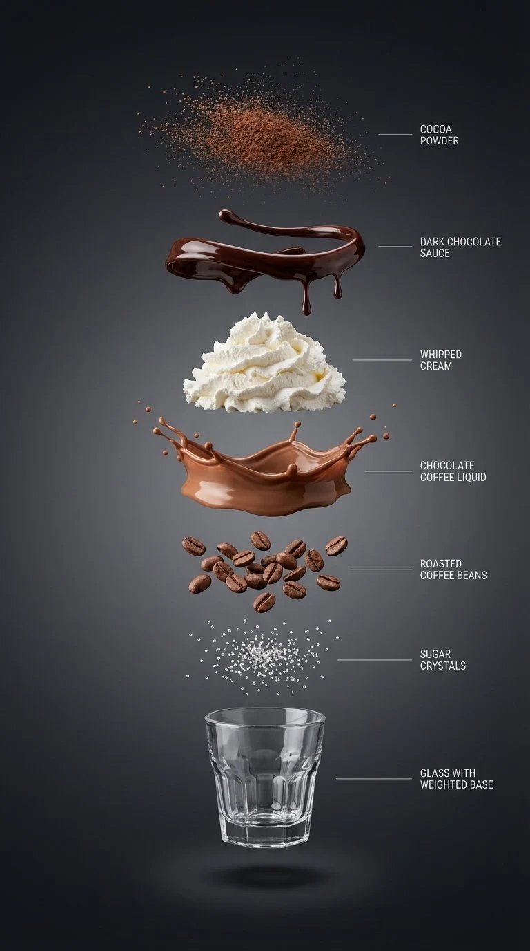 prompt seen Premium AI Prompt: Hyperrealistic Vertical Explosion Exploded View Of Chocolate Coffee Drink gemini ai photo