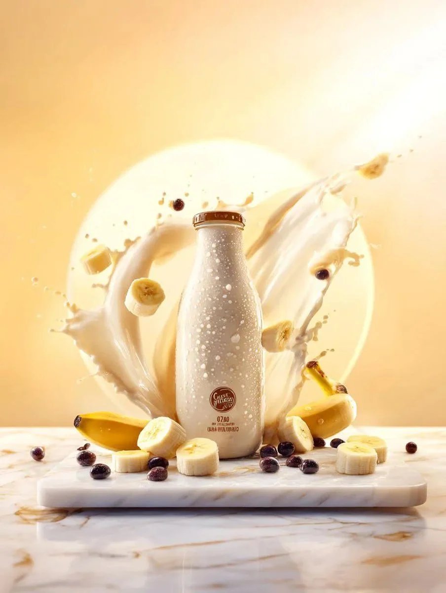 prompt seen Premium AI Prompt: Premium Banana Milk Drink Bottle Surrounded ai photo 4