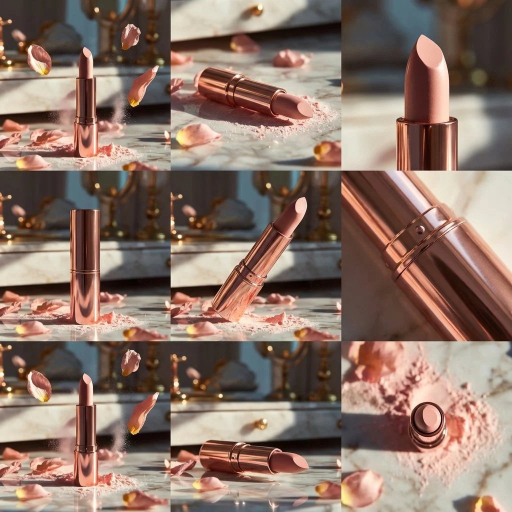 prompt seen Premium AI Prompt: Elegant Rose-gold Lipstick Standing Upright gemini ai photo