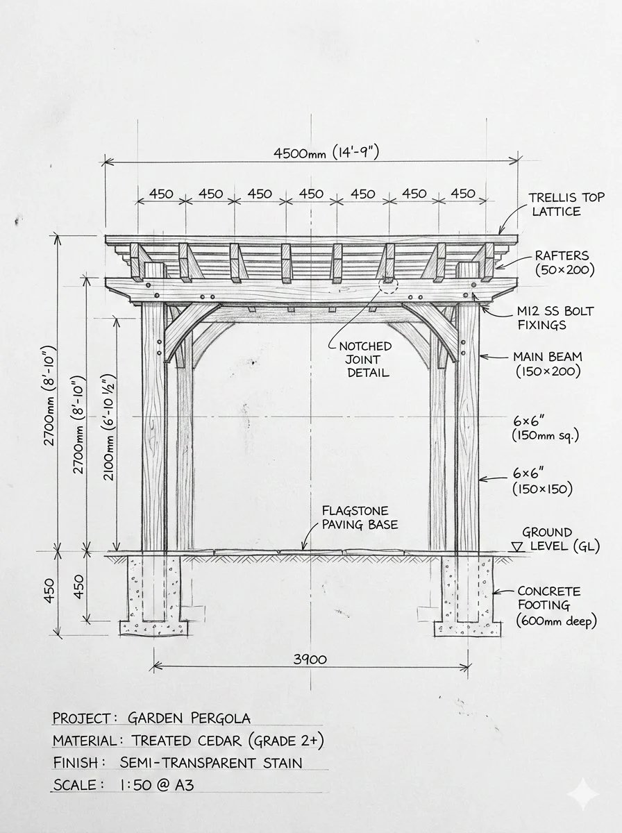 prompt seen Premium AI Prompt: Pergola Blueprint Prompt Hand-drawn Architectural Pencil gemini ai photo