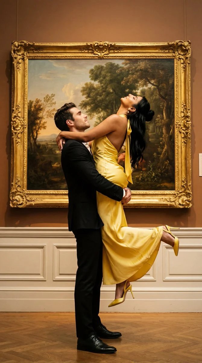 prompt seen Premium AI Prompt: A Cinematic, Museum-gallery Romance Scene A Couple In An Intimate Lift Embrace, Posed In Front Of A Large Ornate Framed Classical Landscape Painting. High-end Editorial, Dramatic But Elegant. The Woman Wears A Striking Yellow Satin Halt