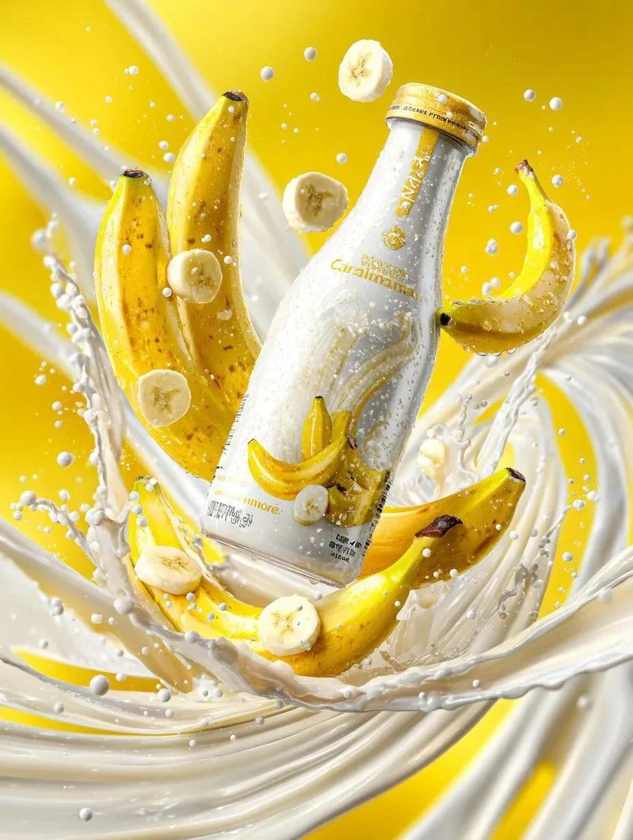 prompt seen Premium AI Prompt: Premium Banana Milk Drink Bottle Surrounded ai photo 3