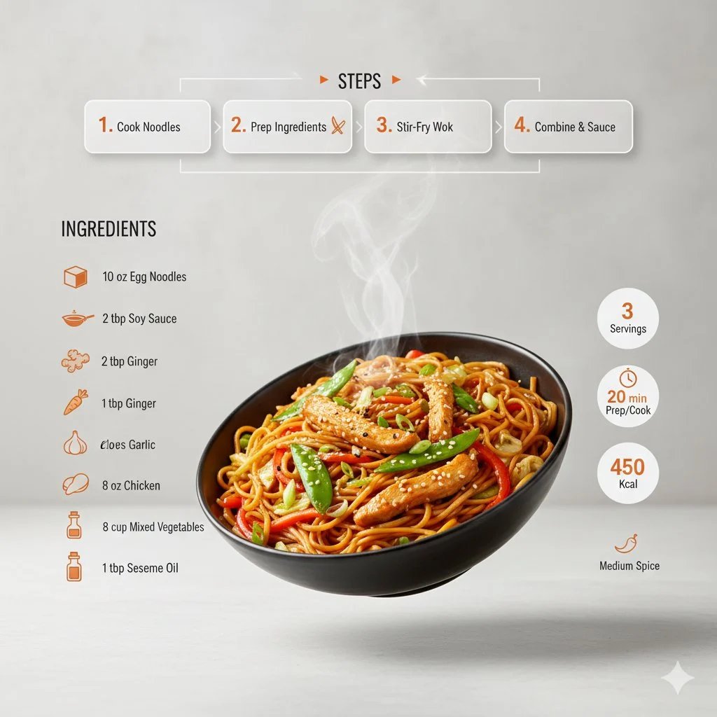 prompt seen Premium AI Prompt: Ultra-clean Modern Recipe Infographic. Showcase Chowmin gemini ai photo