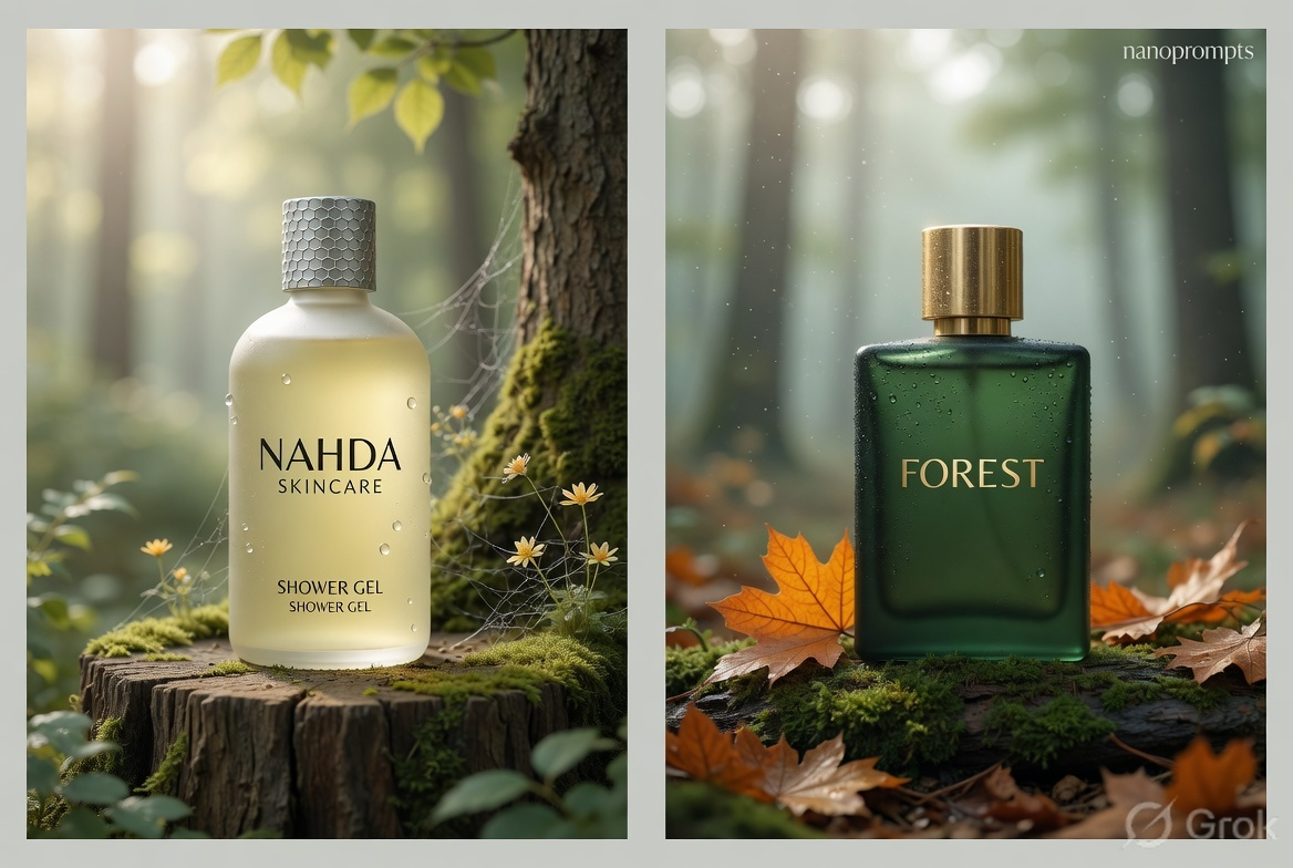 prompt seen Nahda Skincare Forest Product Photography (Full JSON) ai photo