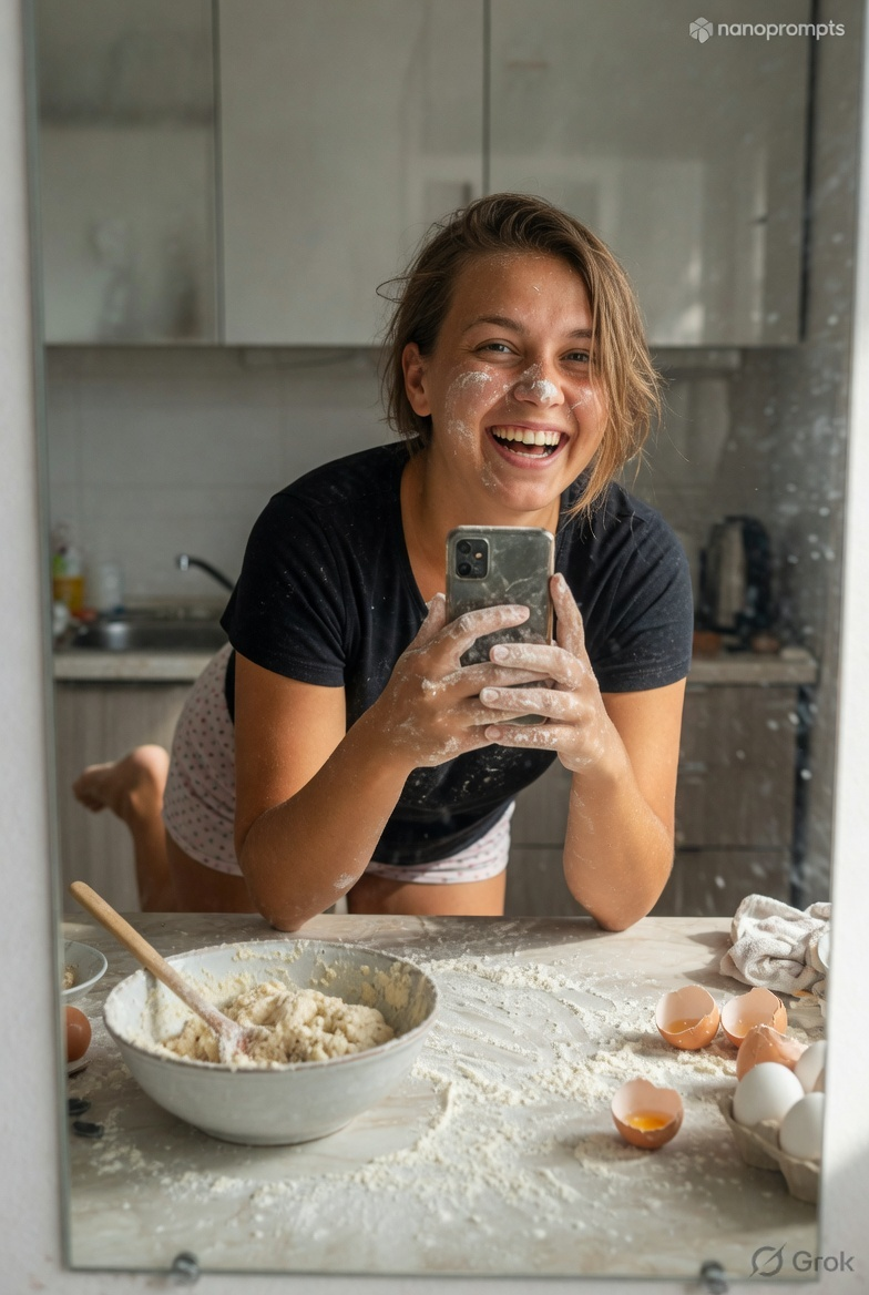 prompt seen Playful Flour Kitchen Mirror Selfie ai photo