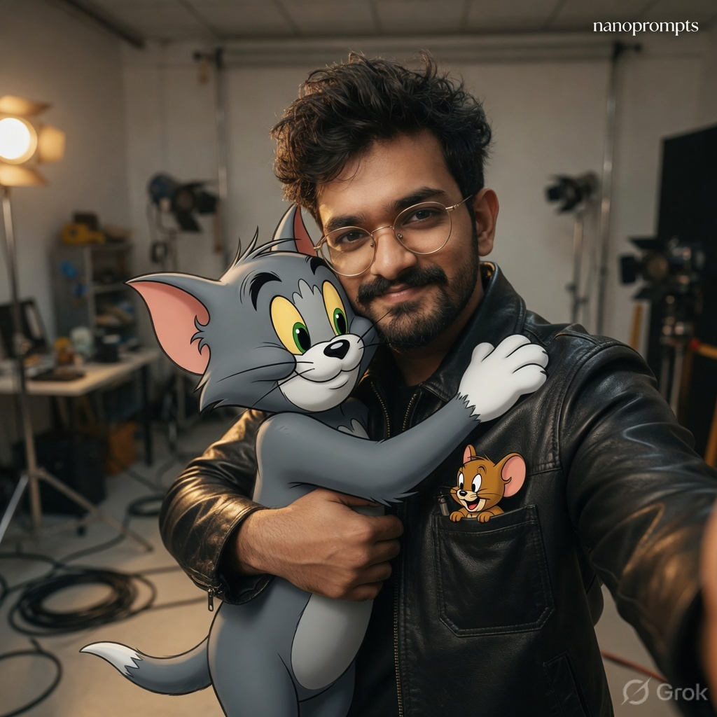 prompt seen POV Selfie Hugging Tom the Cat ai photo