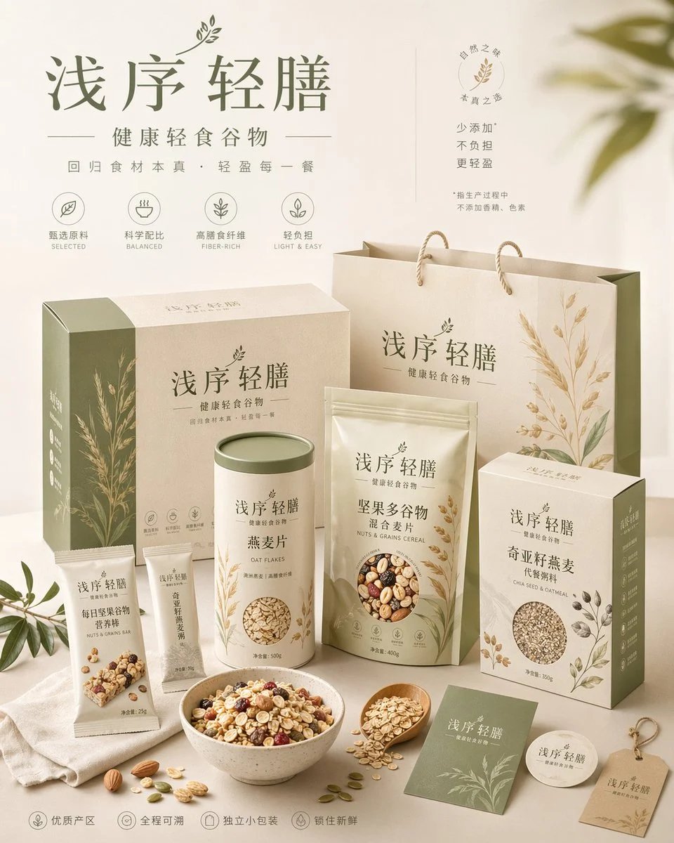 prompt seen Premium AI Prompt: 请为品牌品牌名称、类目为品牌类目创作一张高审美、高完成度的「品牌包装系统展示图」。这不是普通电商白底图，也不是单一产品图，而是一张具有品牌提案感、视觉识别系统感和商业摄影质感的包装家族陈列效果图。画面需要体现“同一品牌在多个包装载体上的统一落地”，呈现一个成熟消费品牌的完整包装系统。 【画幅要求】整体必须为固定 4 5 的竖版海报构图，画面方向明确为纵向，禁止生成横版构图、宽幅桌面陈列或过于分散的横向展示。整体构图需符合海报阅读逻辑：上方保留呼吸感，中部为品牌包装系统 ai photo 2