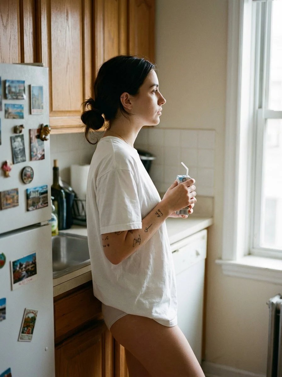 prompt seen Premium AI Prompt: A Young Woman Standing Casually In A Home Kitchen, Seen In Side Profile ai photo 2