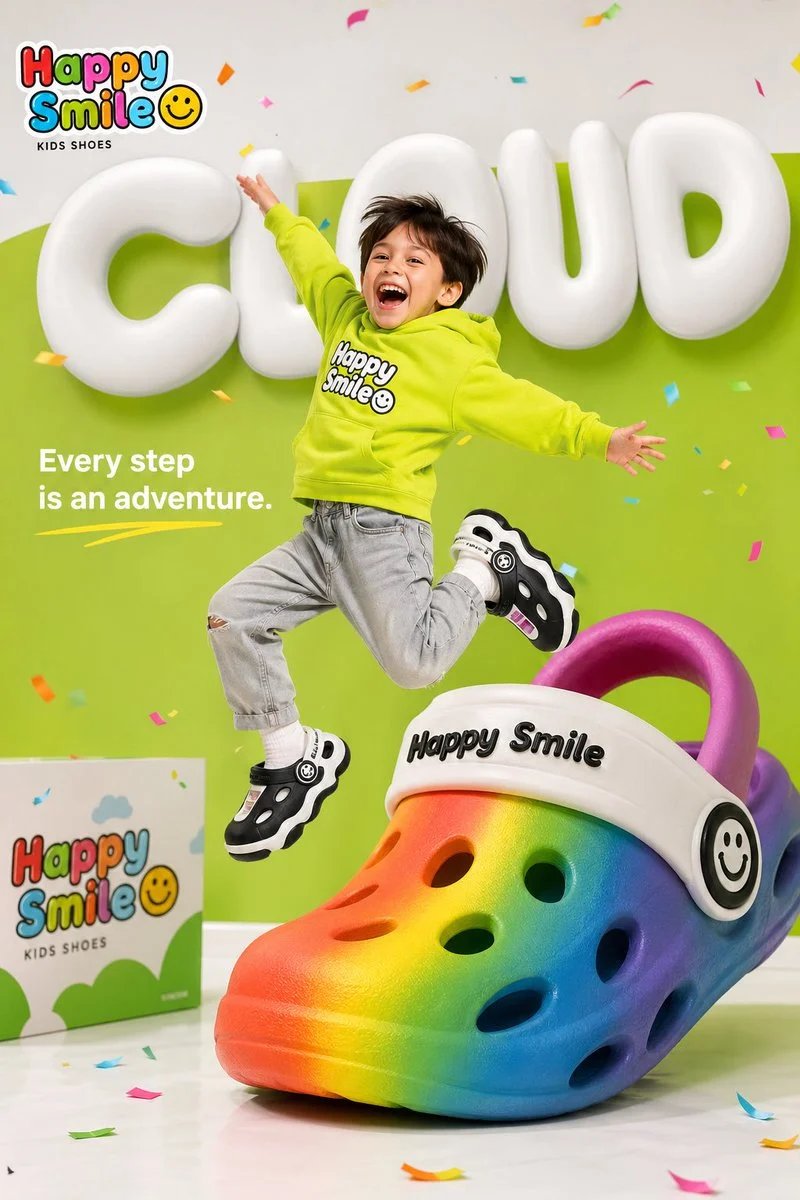 prompt seen Premium AI Prompt: Bright Colorful Childrens Shoe Brand Advertisement ai photo