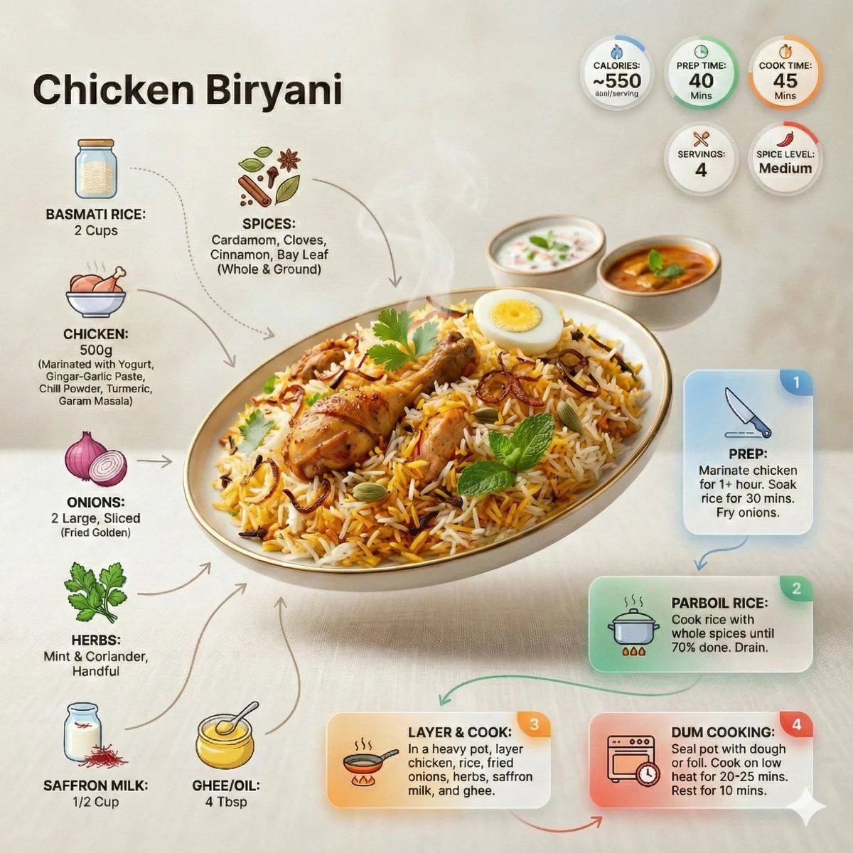 prompt seen Premium AI Prompt: Ultra-clean Modern Recipe Infographic. Showcase Briyani gemini ai photo