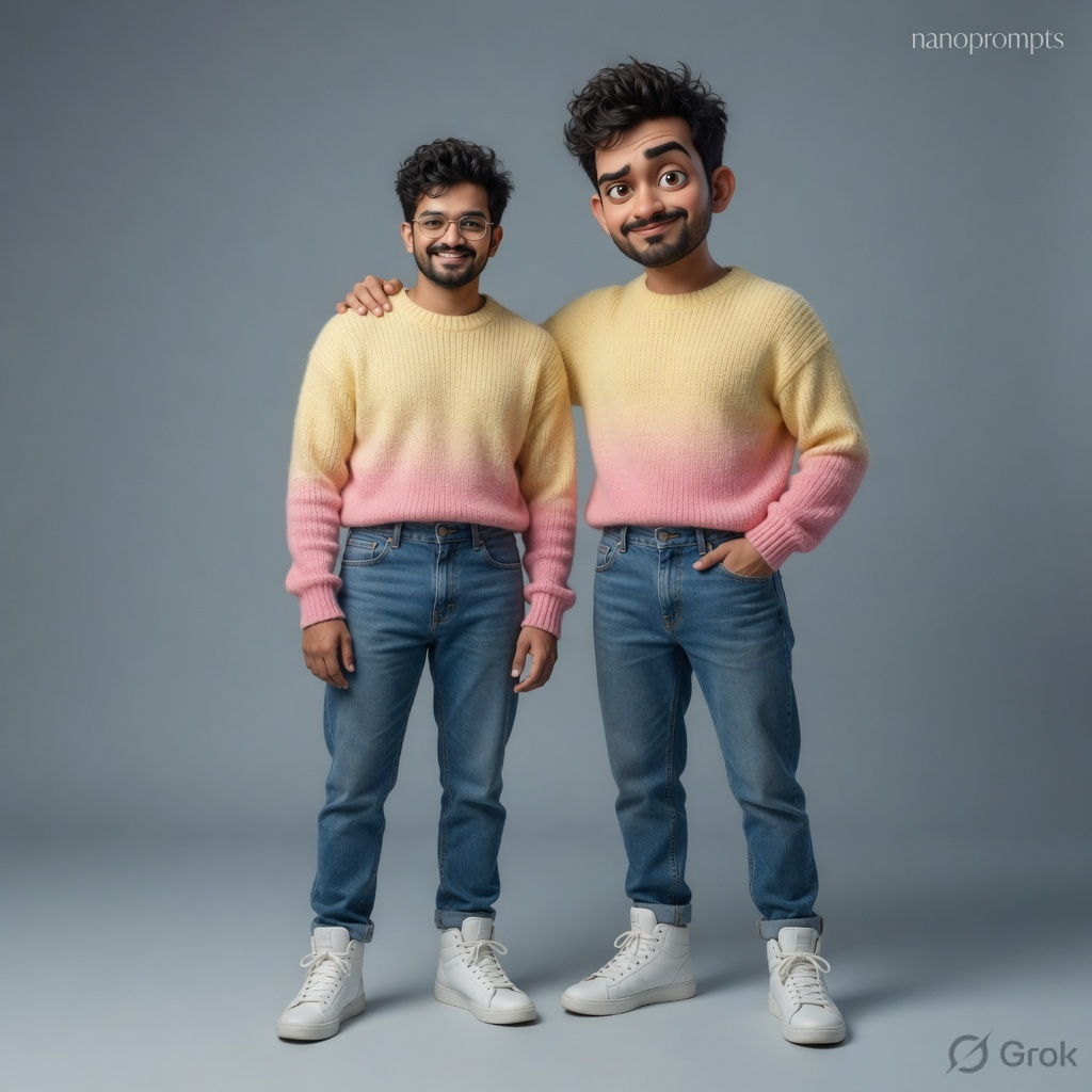 prompt seen Real Human + Giant Pixar Version Same Pose ai photo