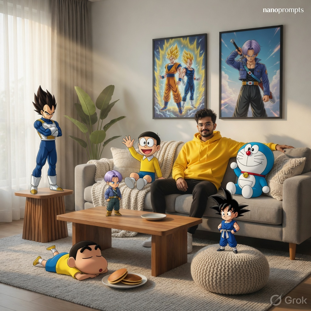 prompt seen Surreal Living Room with Anime Characters ai photo