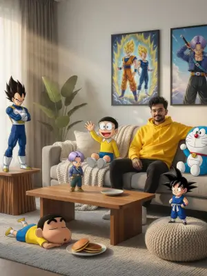prompt seen Surreal Living Room with Anime Characters ai photo