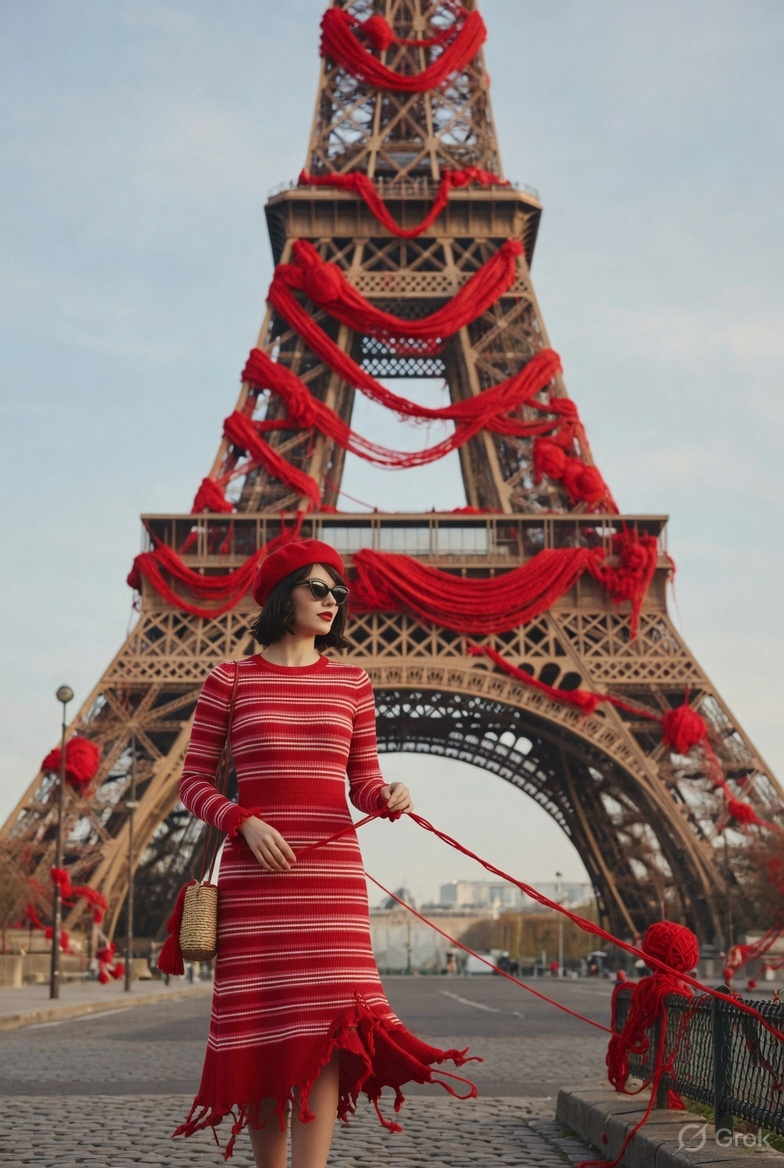 prompt seen Surreal Red Yarn Eiffel Tower ai photo