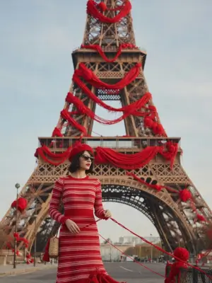 prompt seen Surreal Red Yarn Eiffel Tower gemini ai photo