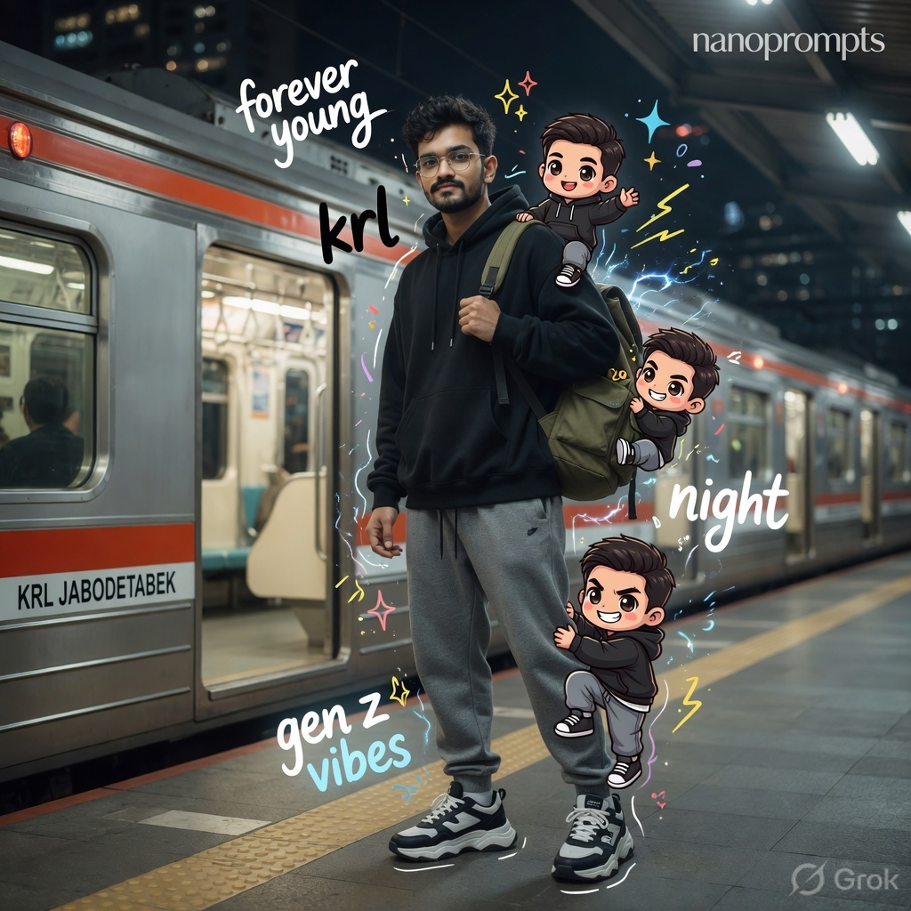 prompt seen Train Station Night Portrait with Chibi Versions ai photo