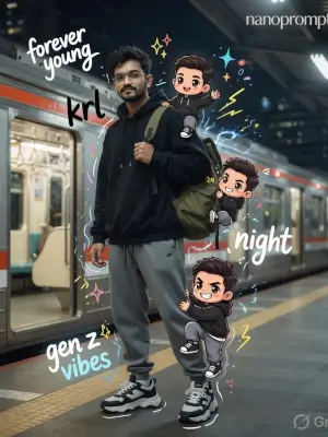 prompt seen Train Station Night Portrait with Chibi Versions ai photo